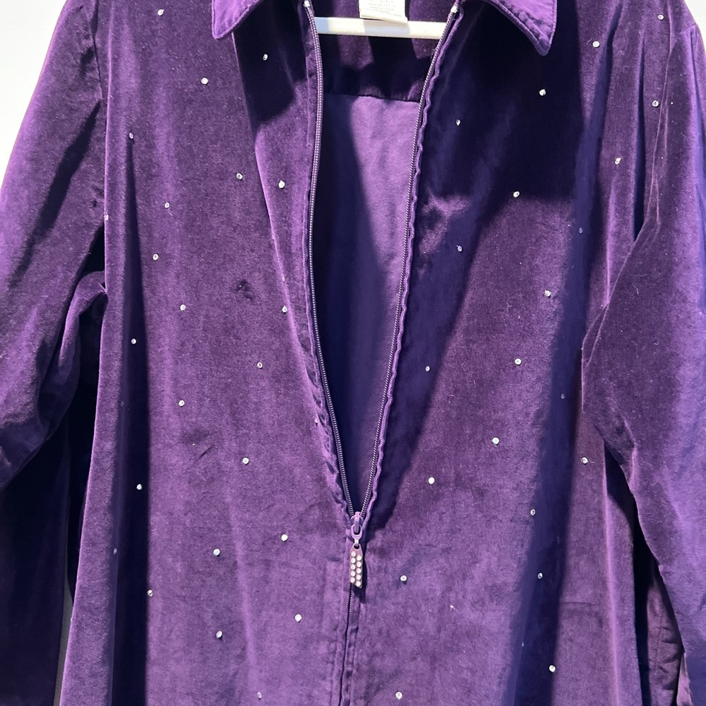 Quacker Factory Purple Jacket 1X Women's Velvet Rhinestone Zip Up Brooch Extra - Picture 2 of 12